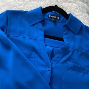 Express Small blue button down long sleeve V-neck collared  blouse NEW W/O TAG